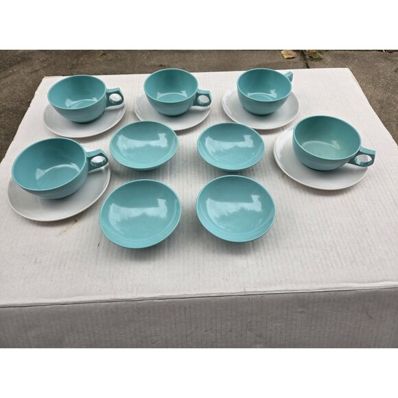 Set 14 Vintage MCM Melmac Durawear White & Turquoise Coffee Cups Berry Bowls - Picture 1 of 13